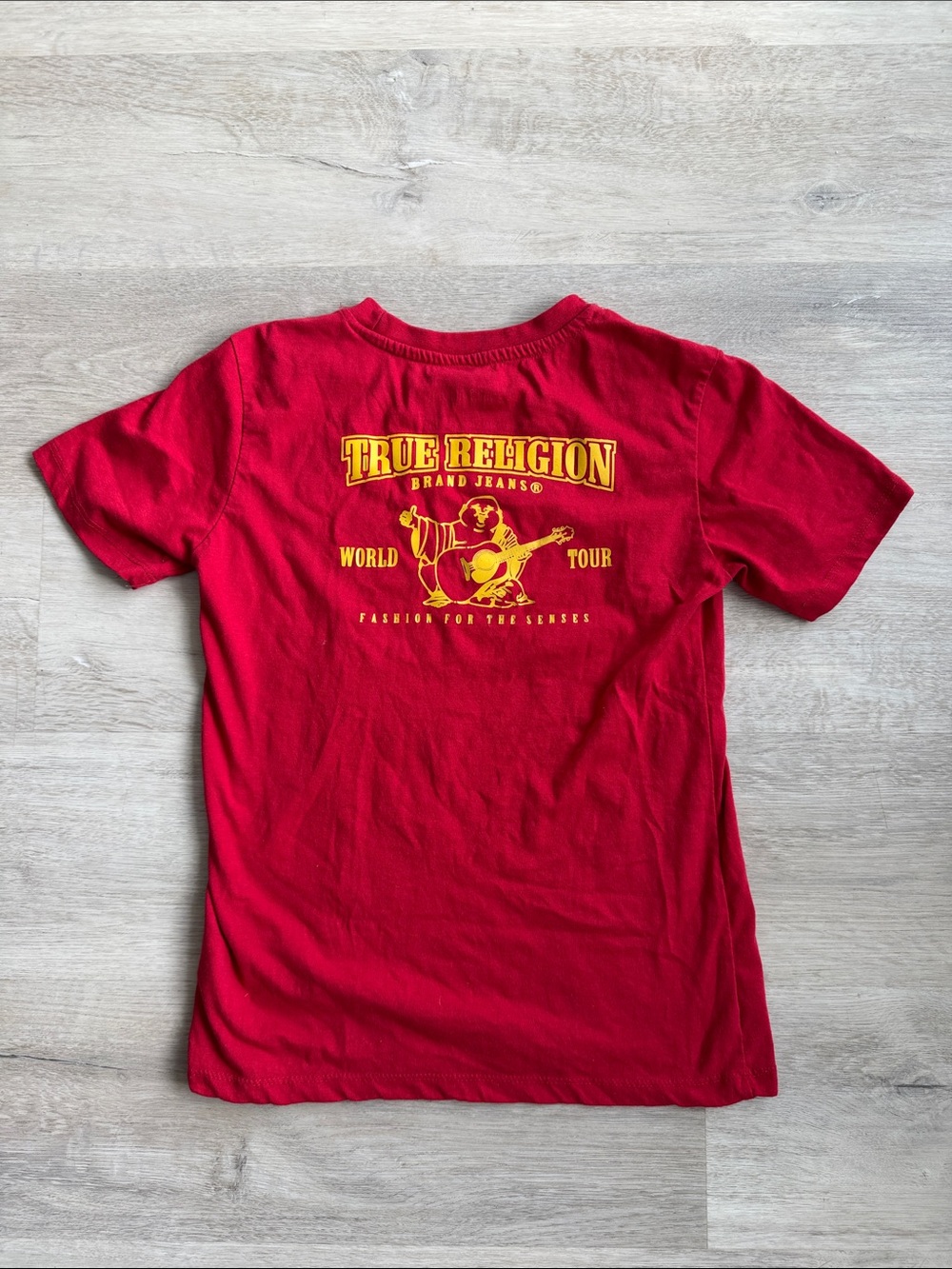 True Religion Red Short Sleeve Tee with Yellow Logo Back